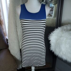 SOPRANO COBALT BLUE, BLACK & WHITE STRIPE DRESS SZ.M GUC